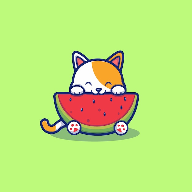 スイカ漫画ベクトルアイコンイラストを食べるかわいい猫 夏の動物アイコンコンセプト分離プレミアムベクトル フラット漫画スタイル プレミアムベクター