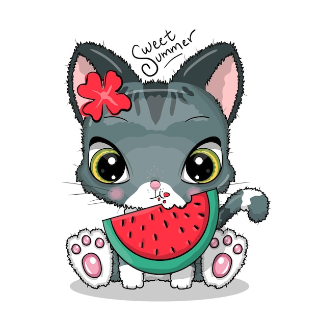 スイカのイラストを食べるかわいい猫 プレミアムベクター