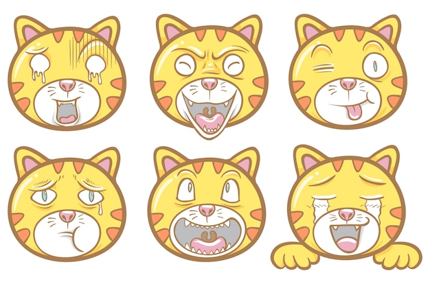 かわいい猫顔文字イラストステッカーチャットセット プレミアムベクター