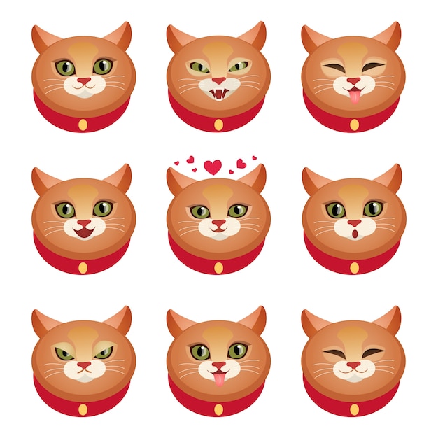 Cute cat face character emotions set decorative icons ...