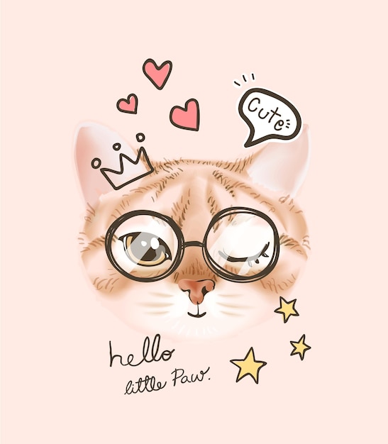 メガネとハートのアイコンのイラストでかわいい猫の顔 プレミアムベクター