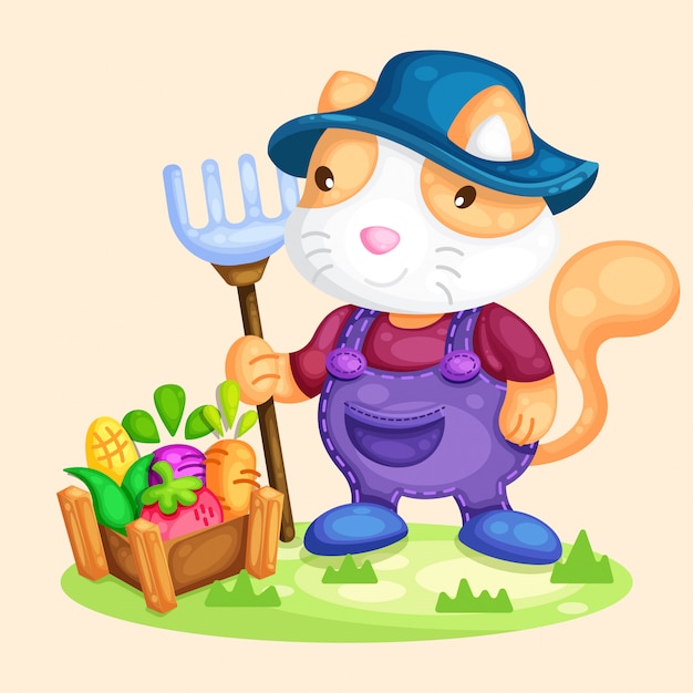 野菜イラストを収穫かわいい猫農家 プレミアムベクター
