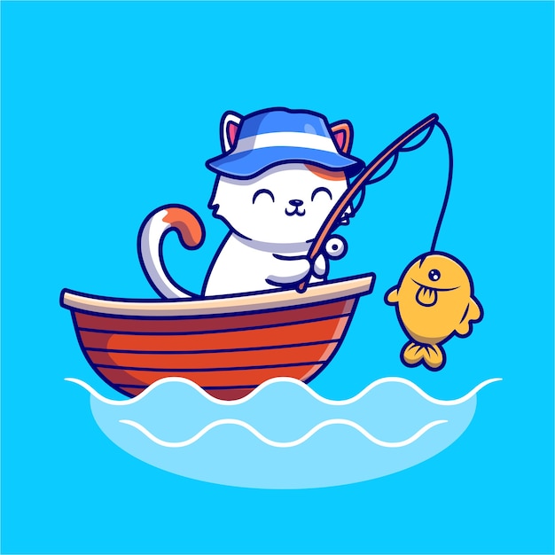 Premium Vector | Cute cat fishing in the sea on boat cartoon icon ...