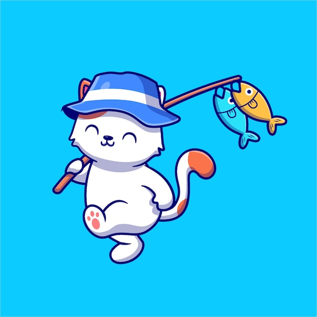 Premium Vector | Cute cat fishing with rods and hat cartoon icon ...