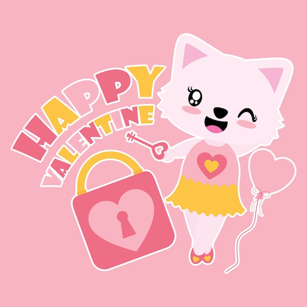 ハッピーバレンタインカードのための愛の鍵とキーベクトル漫画のイラストとかわいい猫の女の子 プレミアムベクター