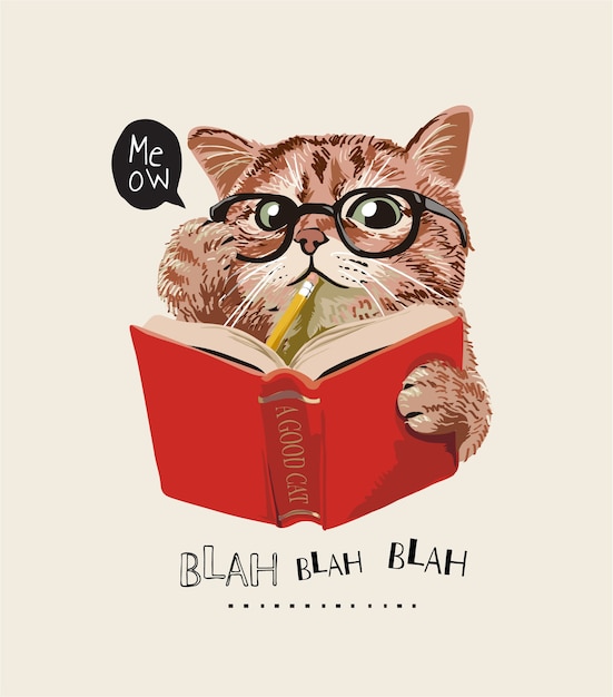 Premium Vector | Cute cat in glasses reading a book illustration