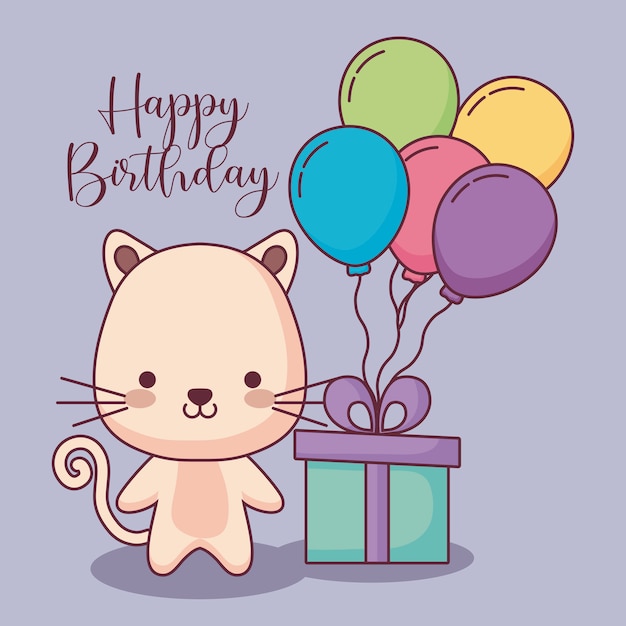 Download Cute cat happy birthday card with gift and balloons helium ...