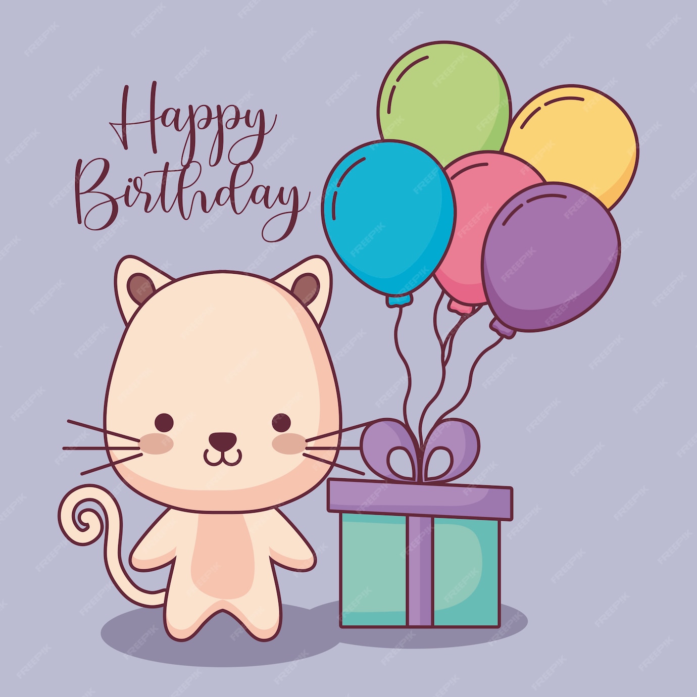 Premium Vector | Cute cat happy birthday card with gift and balloons helium