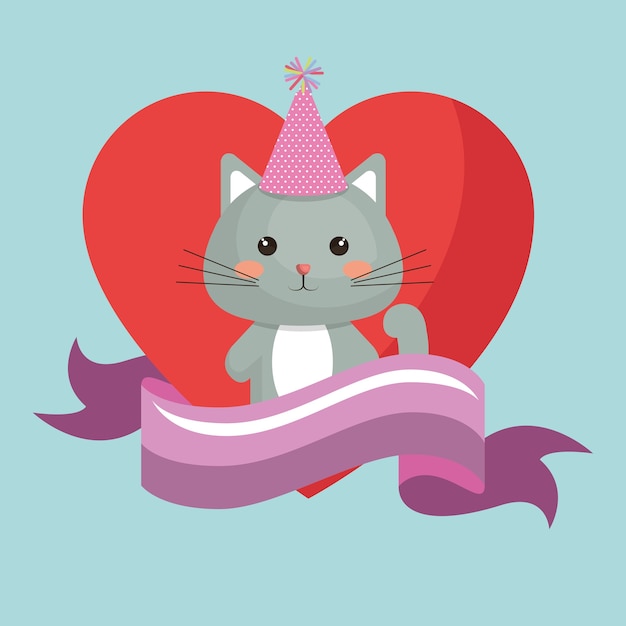 Download Cute cat and heart sweet kawaii character birthday card ...