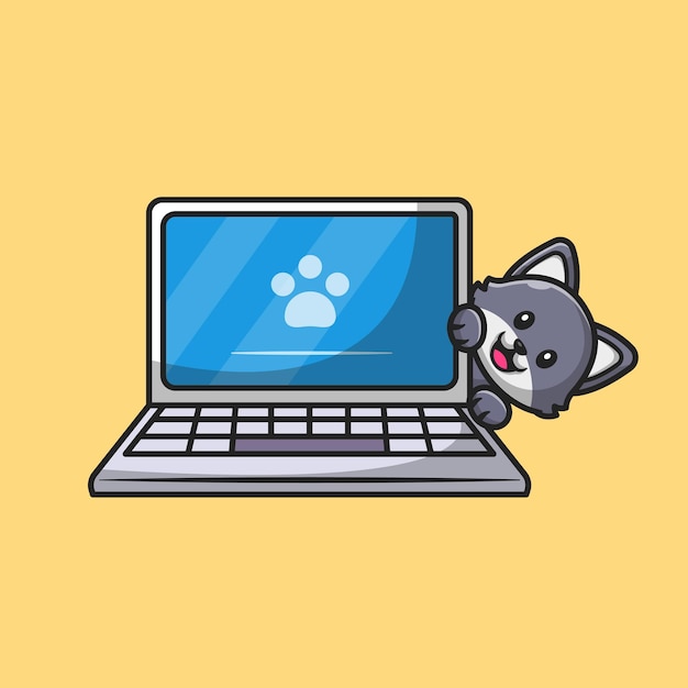ノートパソコンの漫画イラストの後ろに隠れているかわいい猫 分離された動物技術の概念 フラット漫画スタイル プレミアムベクター