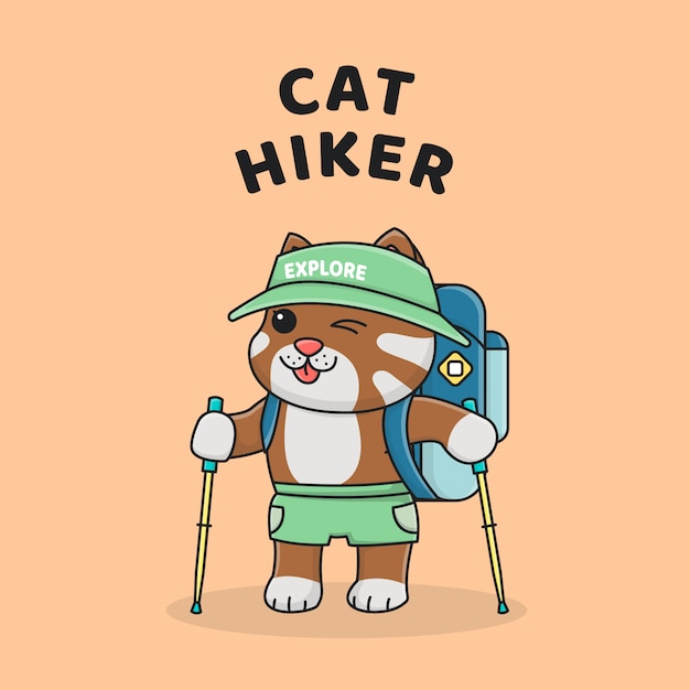 Cute cat hiking with hat and trekking pole | Premium Vector