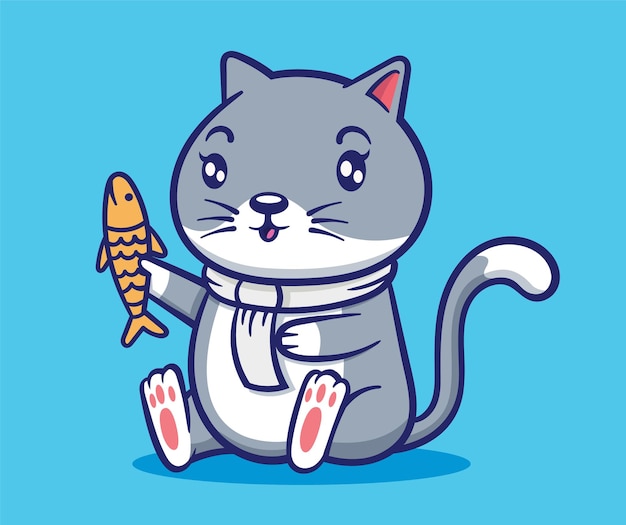 魚漫画アイコンイラストを保持しているかわいい猫 プレミアムベクター