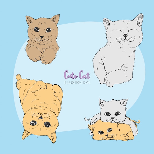 かわいい猫イラスト手描き プレミアムベクター