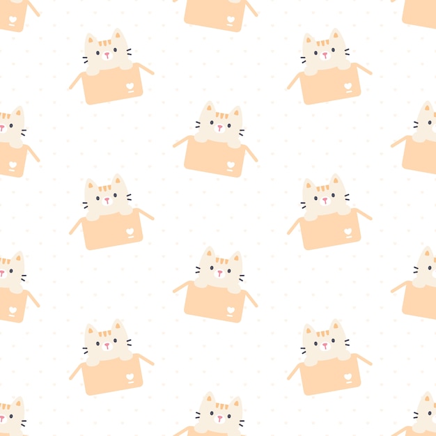 ボックスのシームレスな背景の繰り返しパターン 壁紙の背景 かわいいシームレスパターン背景でかわいい猫 プレミアムベクター
