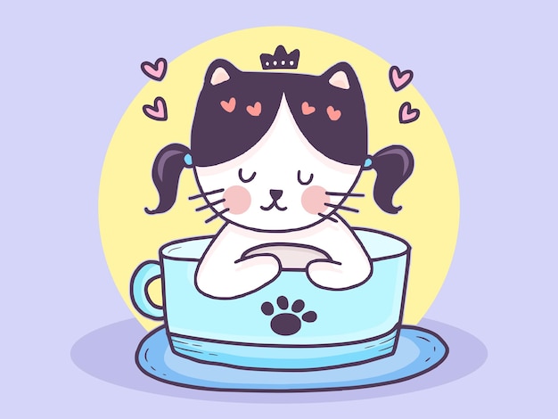 お茶の漫画イラストのカップの中のかわいい猫 プレミアムベクター