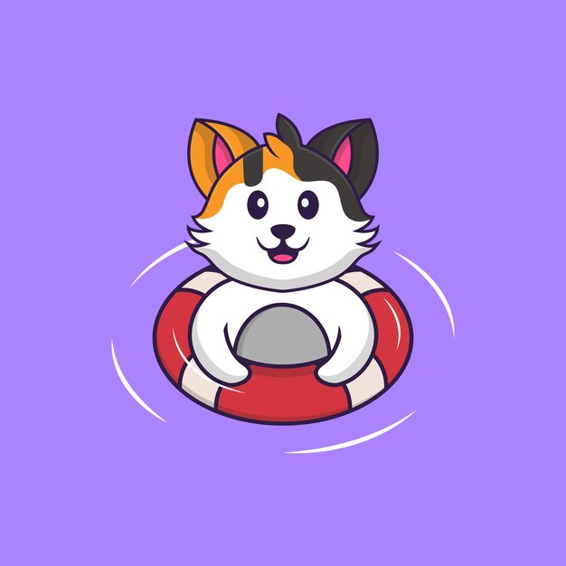 Premium Vector | Cute cat is swimming with a buoy. animal cartoon ...
