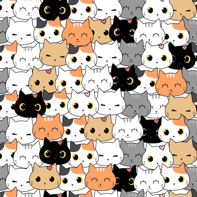 Premium Vector | Cute cat kitten cartoon doodle seamless pattern