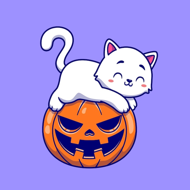 カボチャのハロウィーンのイラストに横たわっているかわいい猫 無料のベクター