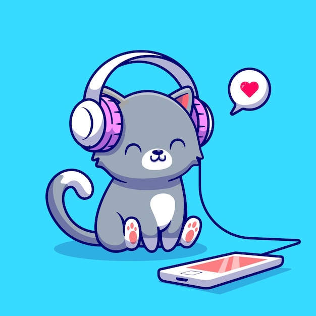 Premium Vector | Cute cat listening music with headphone cartoon ...