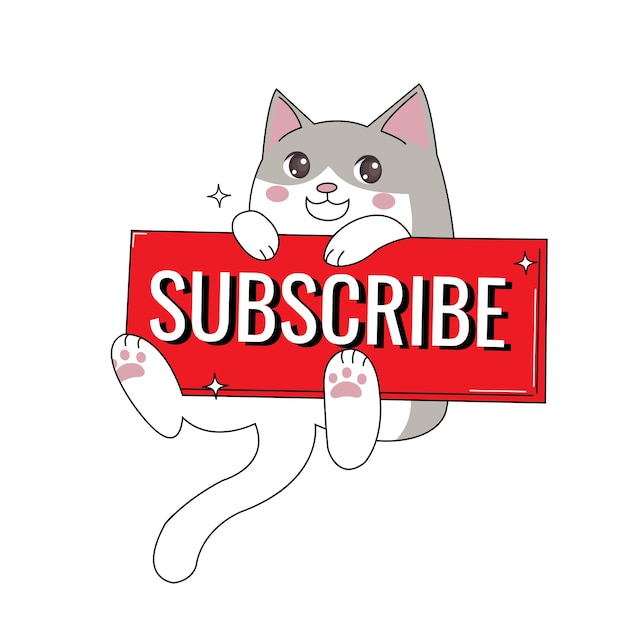 Premium Vector Cute Cat Logo Mascot With Subscribe Button Kawaii Kitten Sticker