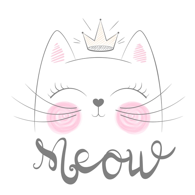 かわいい猫の猫のイラスト 面白いプリンセスとプリントtシャツの王冠 手描きのスタイル プレミアムベクター