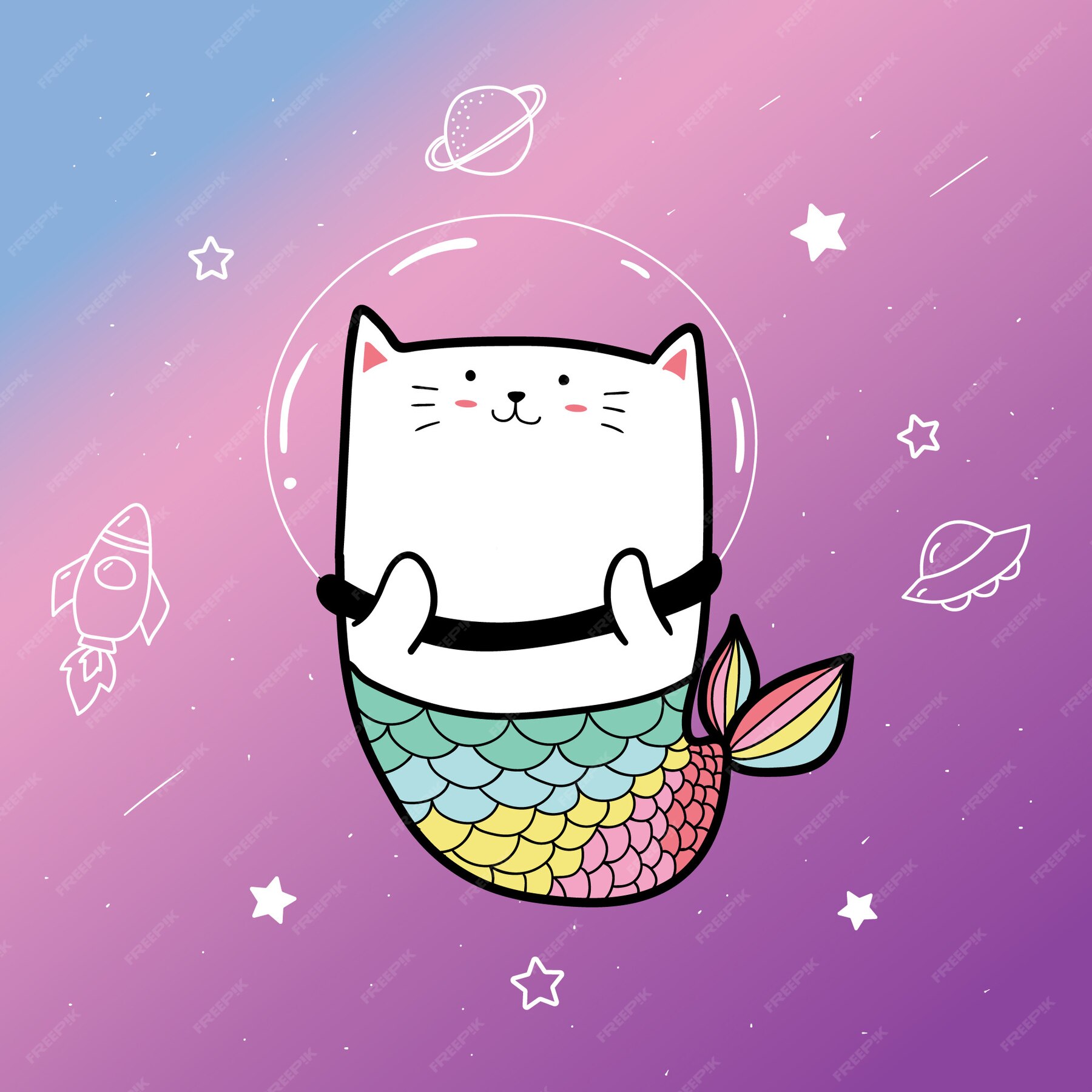 Premium Vector | Cute cat mermaid and space background