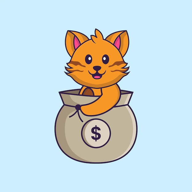 Premium Vector | Cute cat in a money bag. animal cartoon concept isolated. flat cartoon style