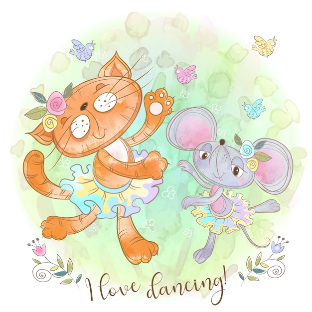 Premium Vector Cute Cat And Mouse Dancing Funny Friends