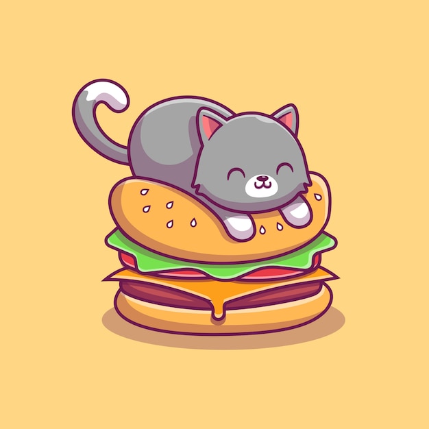 バーガーアイコンイラストのかわいい猫 分離された動物性食品アイコンコンセプト フラット漫画スタイル プレミアムベクター