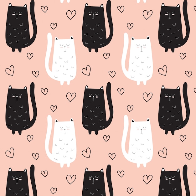 Cute cat pattern hand drawn with heart Premium Vector