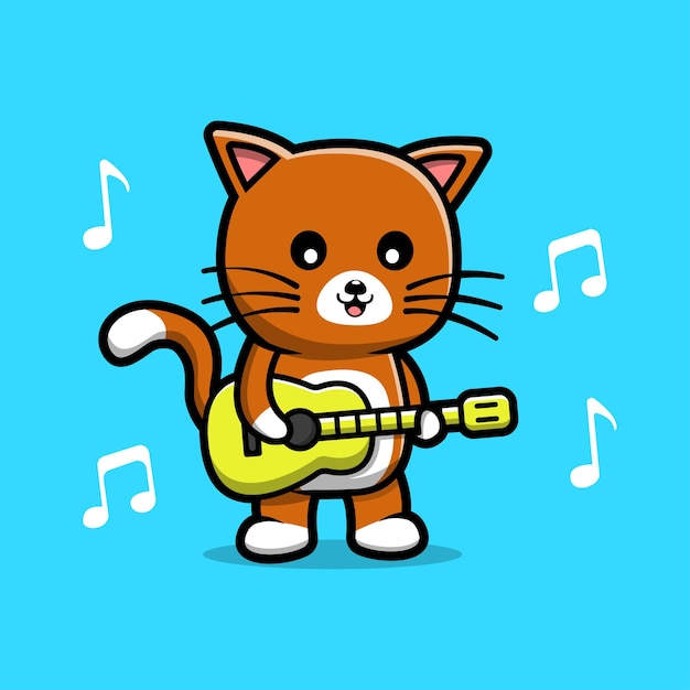 かわいい猫がギターを弾く漫画イラスト プレミアムベクター