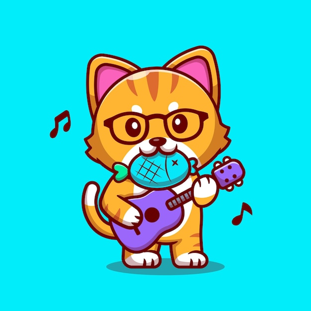 Premium Vector | Cute cat playing guitar with fish cartoon. flat ...