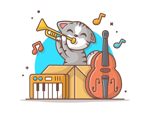 プレミアムベクター サックス ピアノ コントラバスベクトルアイコンイラストボックス でジャズ音楽を演奏するかわいい猫 分離された動物と音楽アイコンコンセプトホワイト
