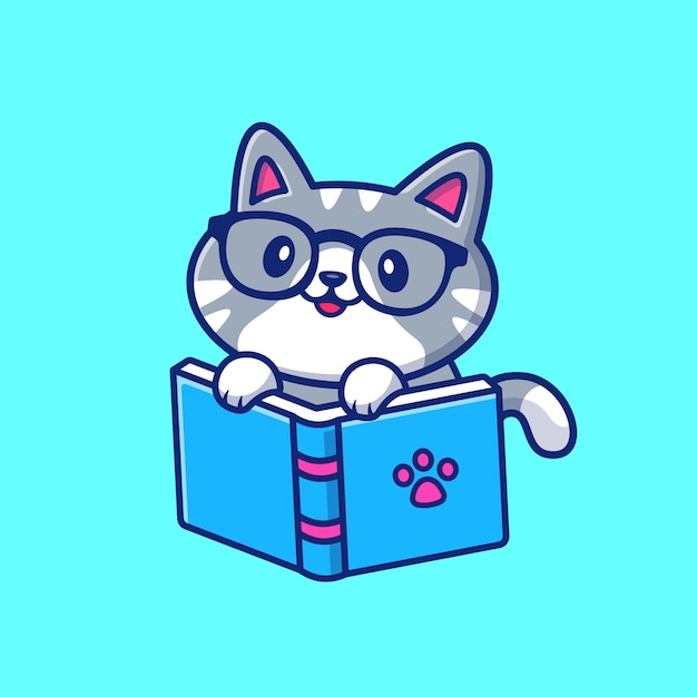 Premium Vector | Cute cat reading book cartoon icon illustration ...