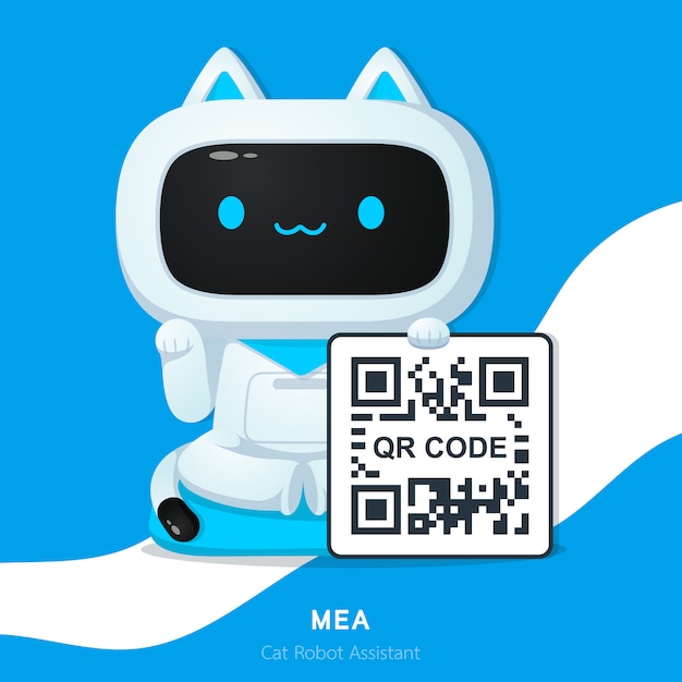 日本ではかわいい猫ロボットアシスタントキャラクターまたはマネキ猫がqrコードのイラストでお金を求めて プレミアムベクター