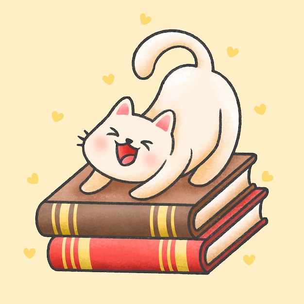 Cute cat sitting on a pile of books cartoon hand drawn ...