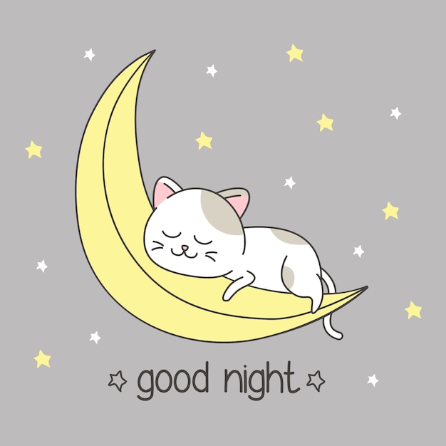 Cute cat sleeping in the moon in the night | Premium Vector