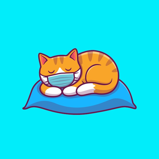 枕イラストで寝ているかわいい猫 猫のマスコットの漫画のキャラクター 分離された動物 プレミアムベクター