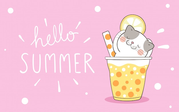 Premium Vector Cute Cat In Smoothie And Juice On Pink For Summer