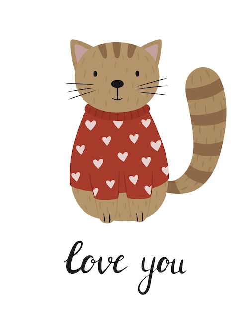 Premium Vector | Cute cat in a sweater with hearts a handdrawn cat ...