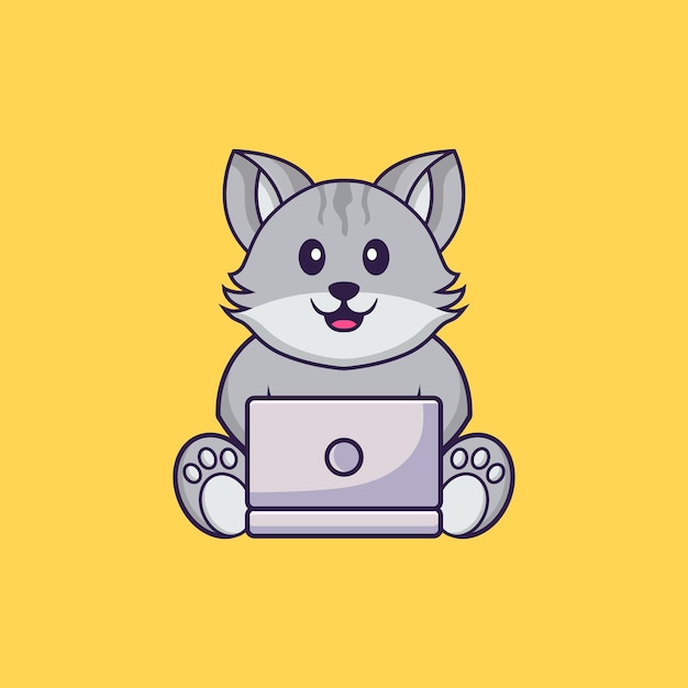 Premium Vector | Cute cat using laptop. animal cartoon concept isolated ...