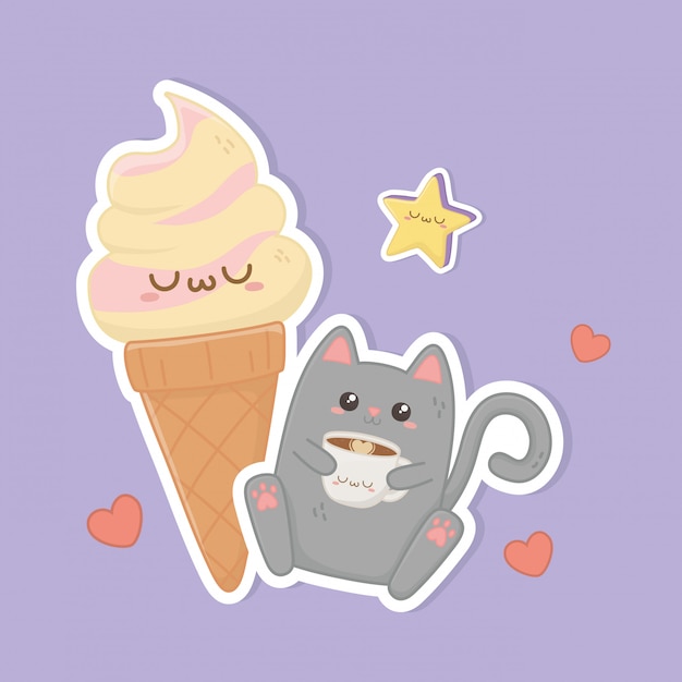 コーヒーとアイスクリームのかわいいキャラクターとかわいい猫 プレミアムベクター