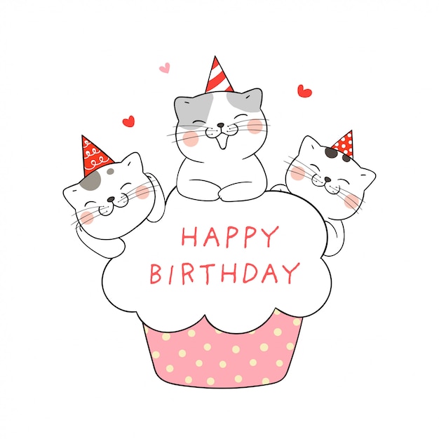 Premium Vector | Cute cat with cupcake for birthday.