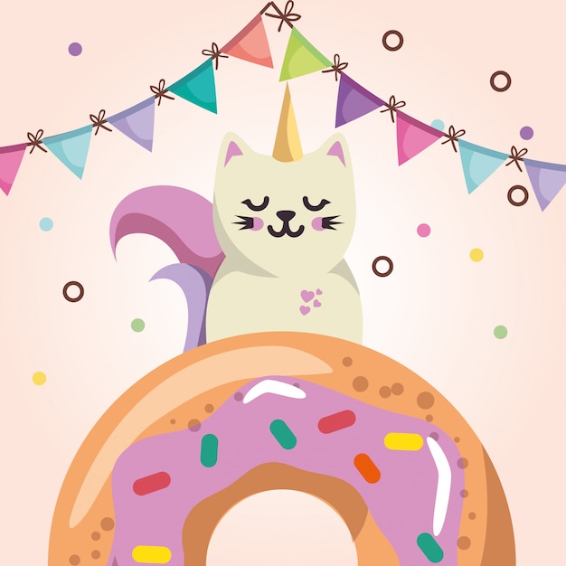 かわいい猫のドーナツ甘いかわいいキャラクター誕生日カード 無料のベクター