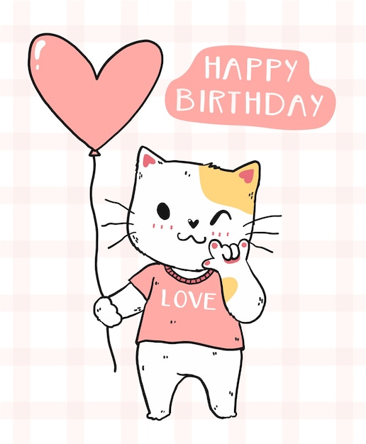 Premium Vector Cute Cat With Pink Heart Balloon Happy Birthday Idea