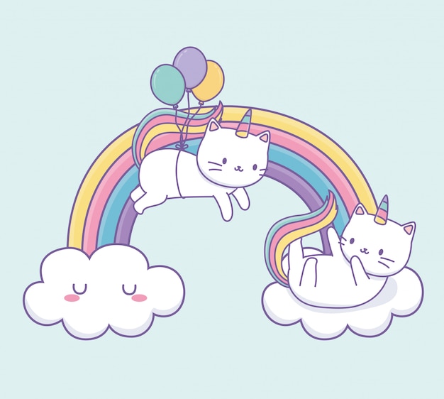 Premium Vector | Cute cat with rainbow tail and balloons helium kawaii ...