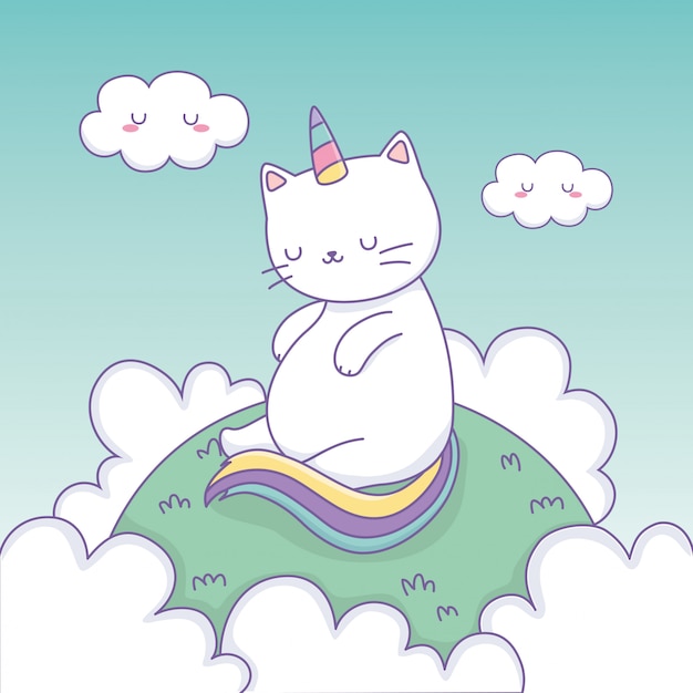 Premium Vector | Cute cat with rainbow tail in the camp kawaii character