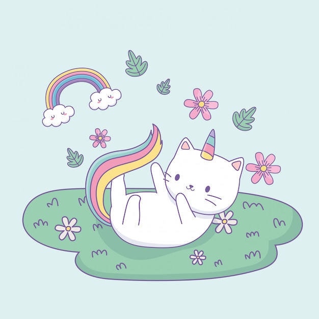 Premium Vector | Cute cat with rainbow tail in the camp kawaii character