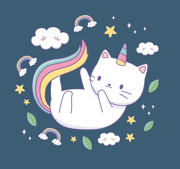 Premium Vector | Cute cat with rainbow tail kawaii character