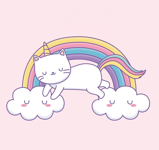 雲の上の虹の尾を持つかわいい猫かわいいキャラクター プレミアムベクター